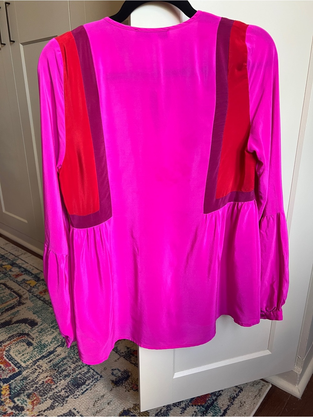 Amanda Uprichard Colorblock Silk Tie Magenta Blouse with Red and Plum Panels - Picture 2 of 5